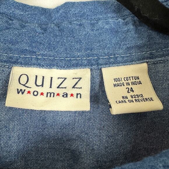 Womens VTG Quizz Red White Blue USA Plaid Patchwork Denim SS Button Up Blouse 24 - Picture 5 of 6